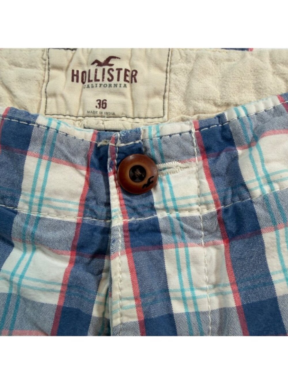 Hollister Plaid Shorts Mens 36 Blue Red White Casual Flat Front Cotton - Picture 3 of 11